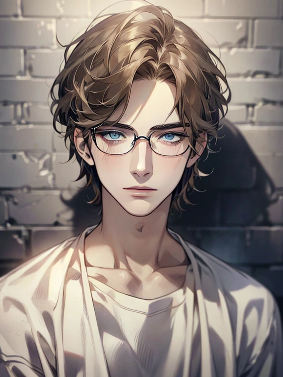 masterpiece, best quality, 1male, brunette hair, blue eyes, glasses, white shirt, mugshot, wall background, detailed eyes, detailed facial features, realistic and high resolution (best quality, 4k, 8k, highres, masterpiece:1.2)