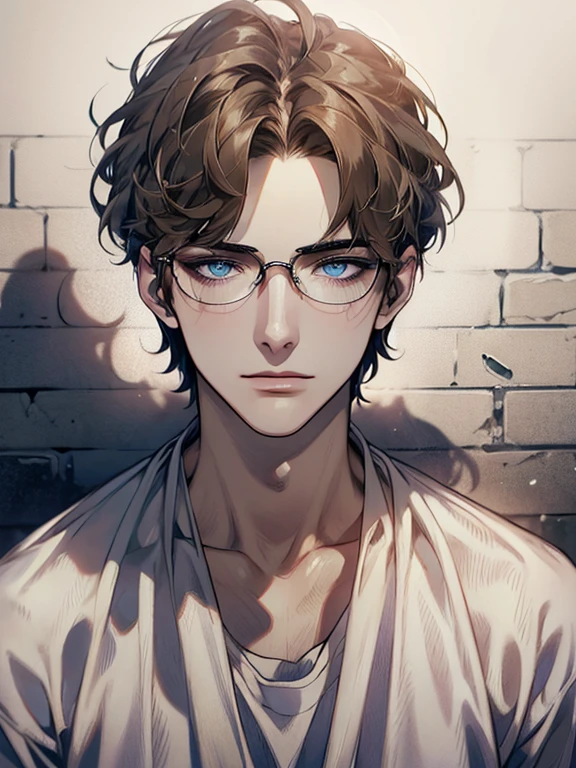 masterpiece, best quality, 1male, brunette hair, blue eyes, glasses, white shirt, mugshot, wall background, detailed eyes, detailed facial features, realistic and high resolution (best quality, 4k, 8k, highres, masterpiece:1.2)