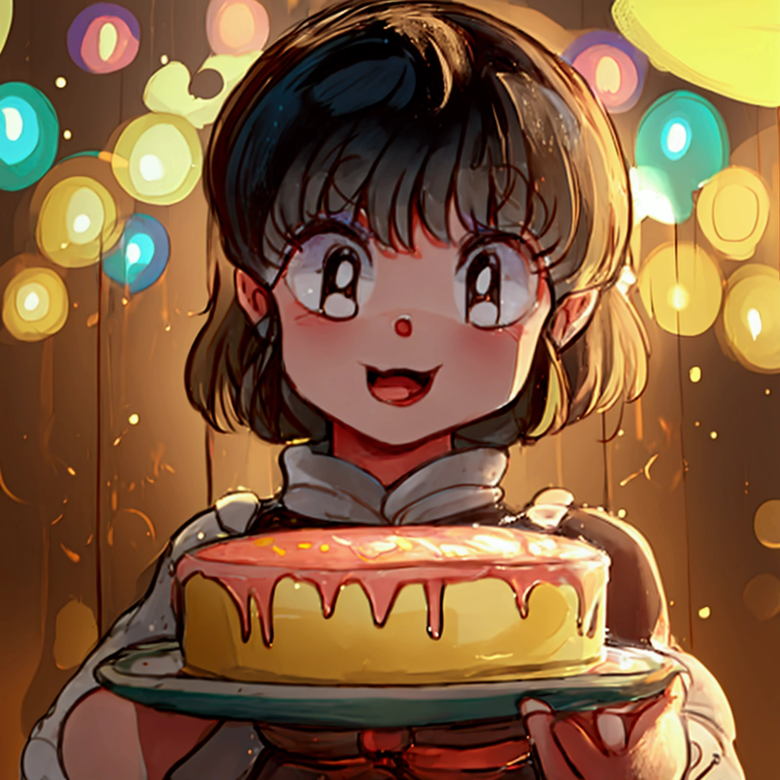 seven year old girl Lam carries a cake. Six-year-old girl Ranma eats a huge piece of cake, Ranma&#39;s whole mouth covered in custard. Joy on their faces