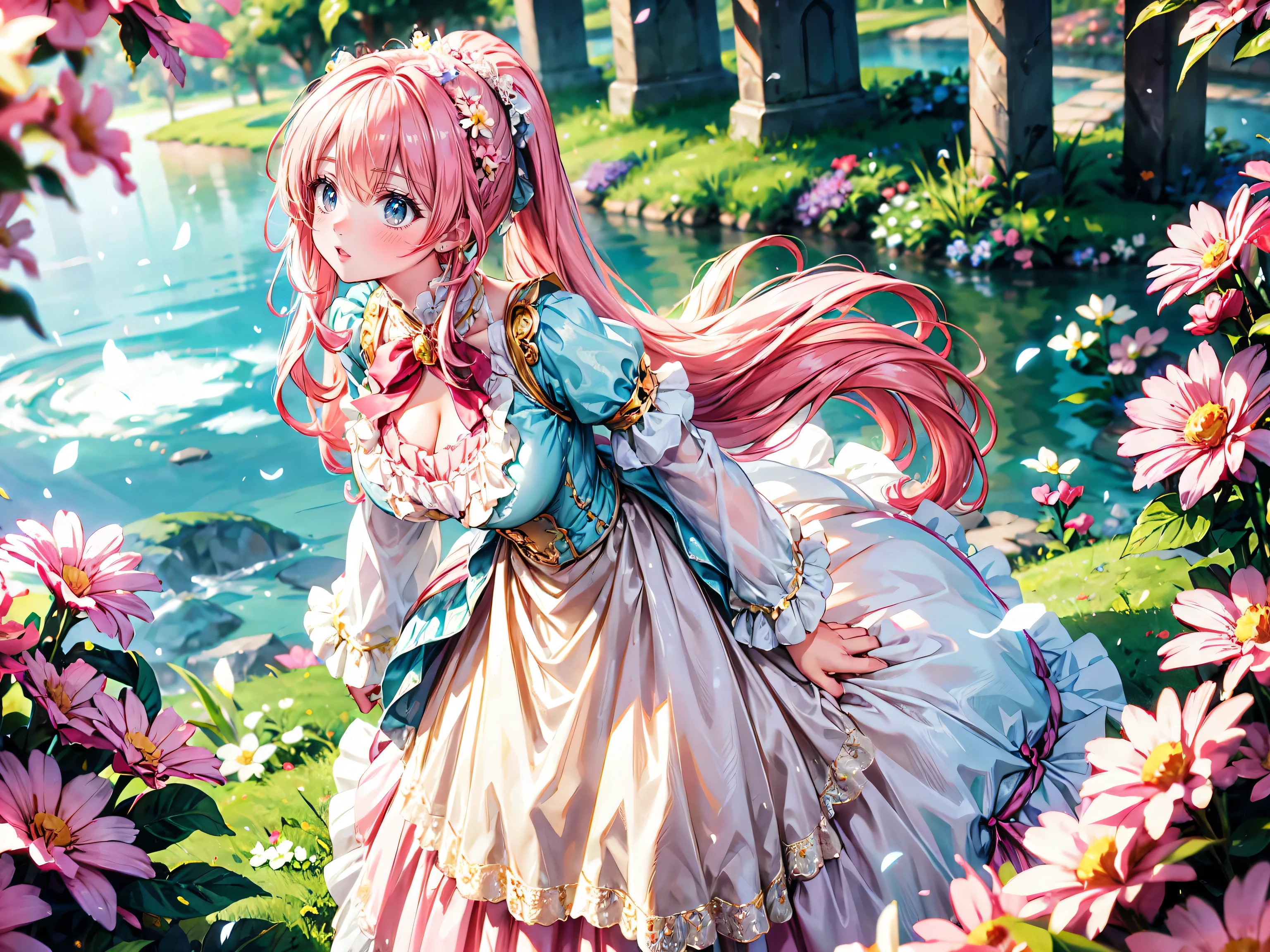 anime moe art style, ((Masterpiece, ultra detailed, exquisite quality)), (((young face solo princess))), (dress light yellow dress), (((ultra elaborate gorgeous rococo victorian gown with voluminous hoopskirt and long hems and lot of frills and pleats dense lace and cute ribbon, princess style skirt, ultra lovely gown))), (((hair pink hair))), ((fluffy long ponytail)), (Expressive very voluminous hair), ((huge breasts)), breasts cleavage, (((leaning forward, looking up, from above, front view))), super delicate face, kawaii face, (hyper detail delicate eyes, hyper beautiful eyes), (eyes blue eyes), (((So lot's of colorful flowers))), ((face focus, eyes focus, blurry background:1.5)), (isometric 3D:1.3), particle effect,