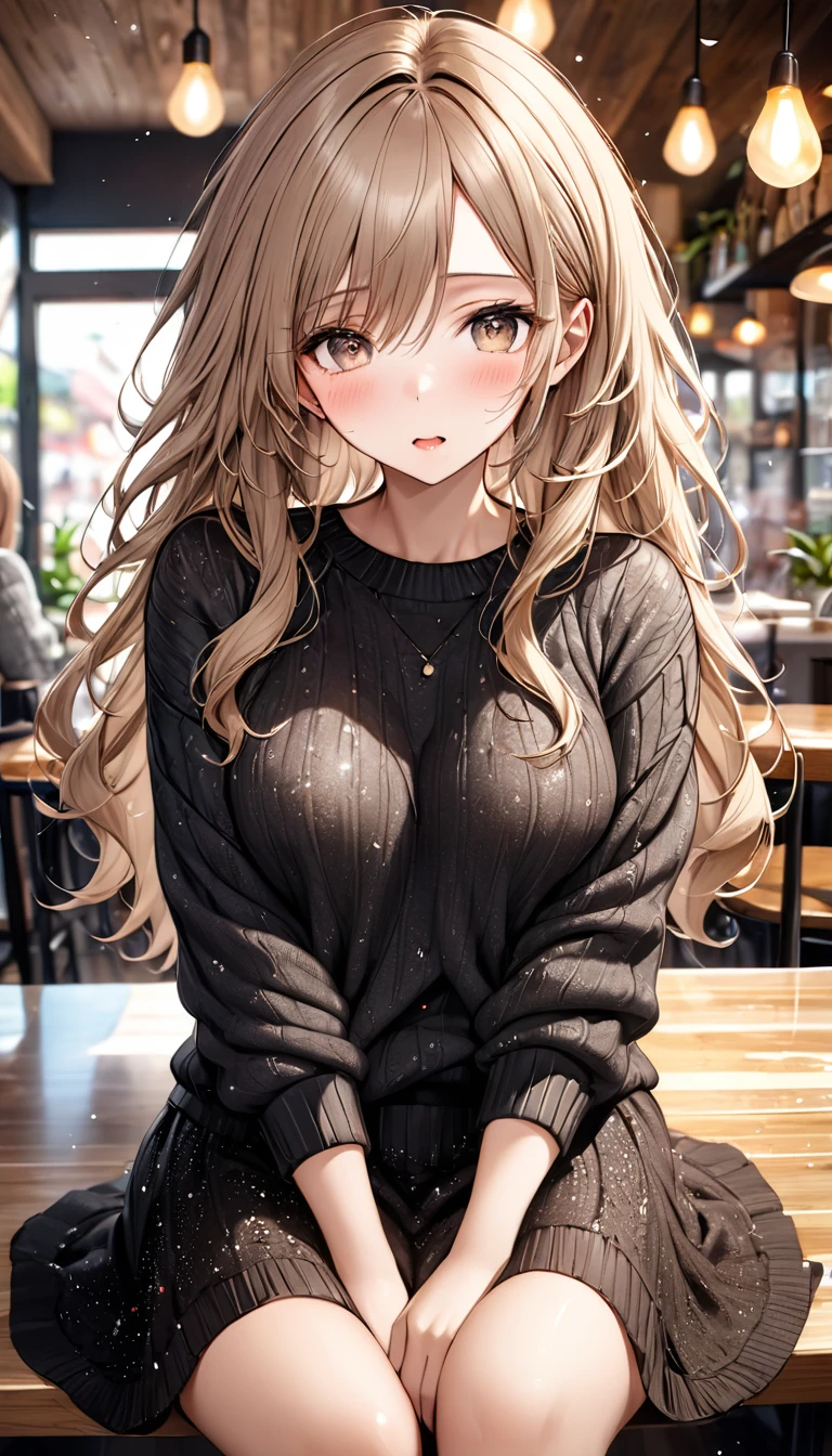 Highest quality, Super quality, 16K, Incredibly absurd, Very detailed, 2.5D, Delicate and dynamic depiction, Beautiful woman, and obscene expressions, Light brown messy wavy hair, compensate, Wearing a loose black summer knit sweater and a long skirt, sitting in a cafe, Sparkly fluffy effect, Portraiture, Prime lens, Lens Filters, Clear subject
