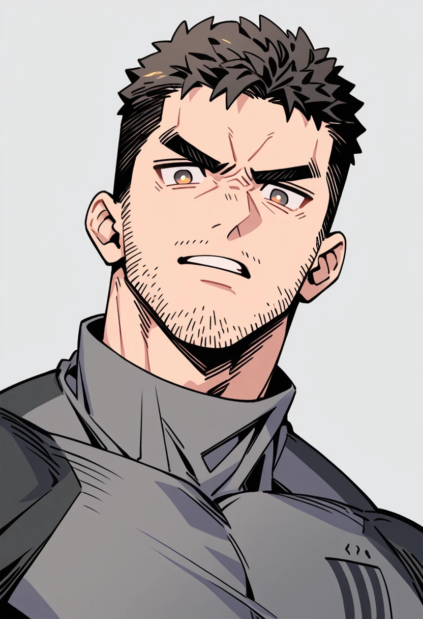 anime characters:Chris Redfield, Muscle Sports Student, Buzz Cut, Manliness, male focus, Dark black Yellow high collar long sleeve tight T-shirt, Very tight, full and perky chest muscles, muscular male, muscular, only, Upper body, alone, Black short hair, Thick eyebrows, stubble, Brown-red pupils, Grey background, simple background, amazing quality, best aesthetics, Ridiculous, parted lips, v-shaped eyebrows, scowl, disdain, best quality
