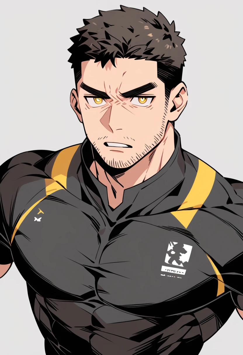 anime characters:Chris Redfield, Muscle Sports Student, Buzz Cut, Manliness, male focus, Dark black Yellow high collar long sleeve tight T-shirt, Very tight, full and perky chest muscles, muscular male, muscular, only, Upper body, alone, Black short hair, Thick eyebrows, stubble, Brown-red pupils, Grey background, simple background, amazing quality, best aesthetics, Ridiculous, parted lips, v-shaped eyebrows, scowl, disdain, best quality