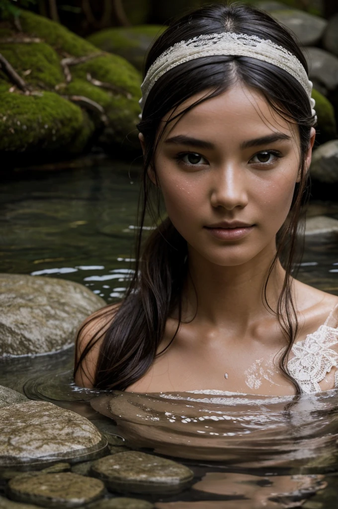 Best Quality, Masterpiece, super high resolution, A super model submerged in hot springs in Japan., outdoor hot springs, stone hot springs, surrounded by moss and trees, super beautiful face, pure body, clear pores visible, (SMILE:0.8), using division (lace headband:1.2), (realism:1.5), Photo original, soaked body, covered in sweat, bare shoulders, in the dark, deep shadows, low key, cold light