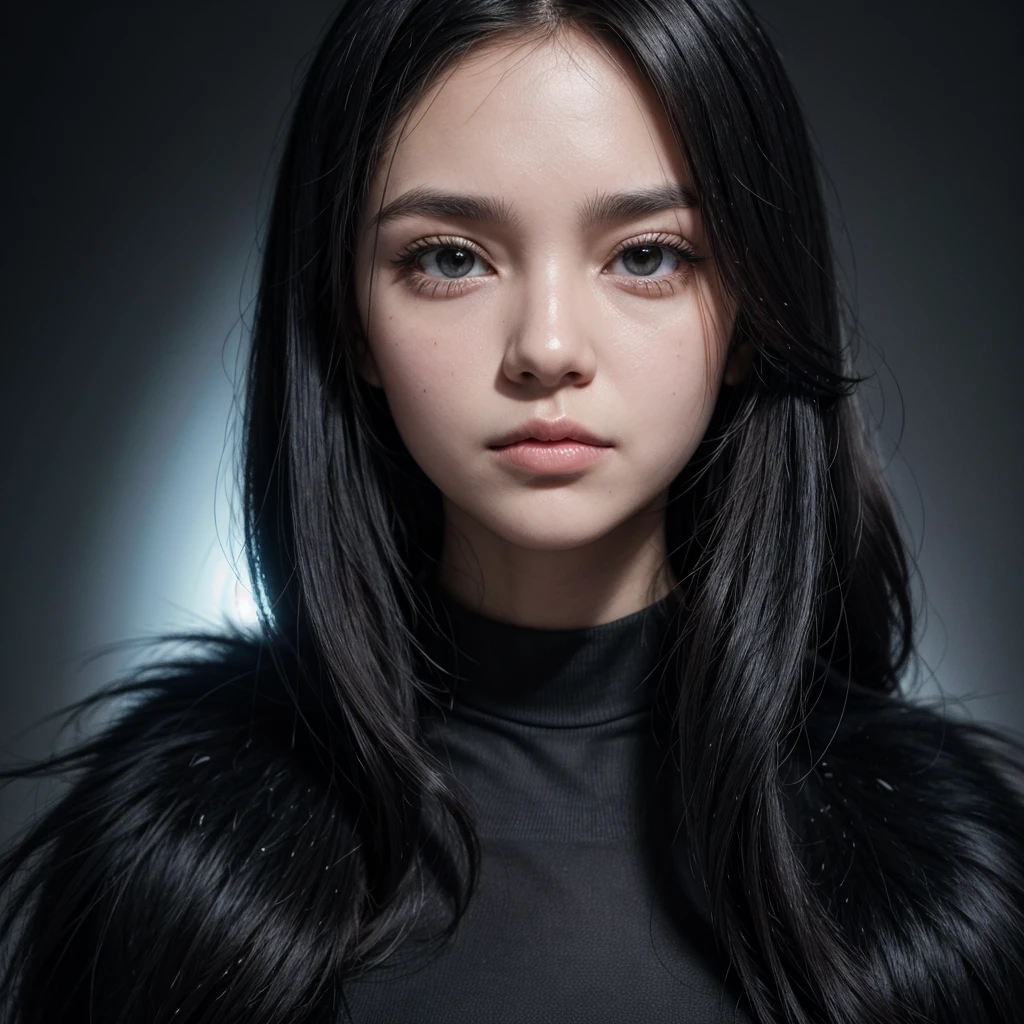 Woman round face, black eyes, long smooth black fur