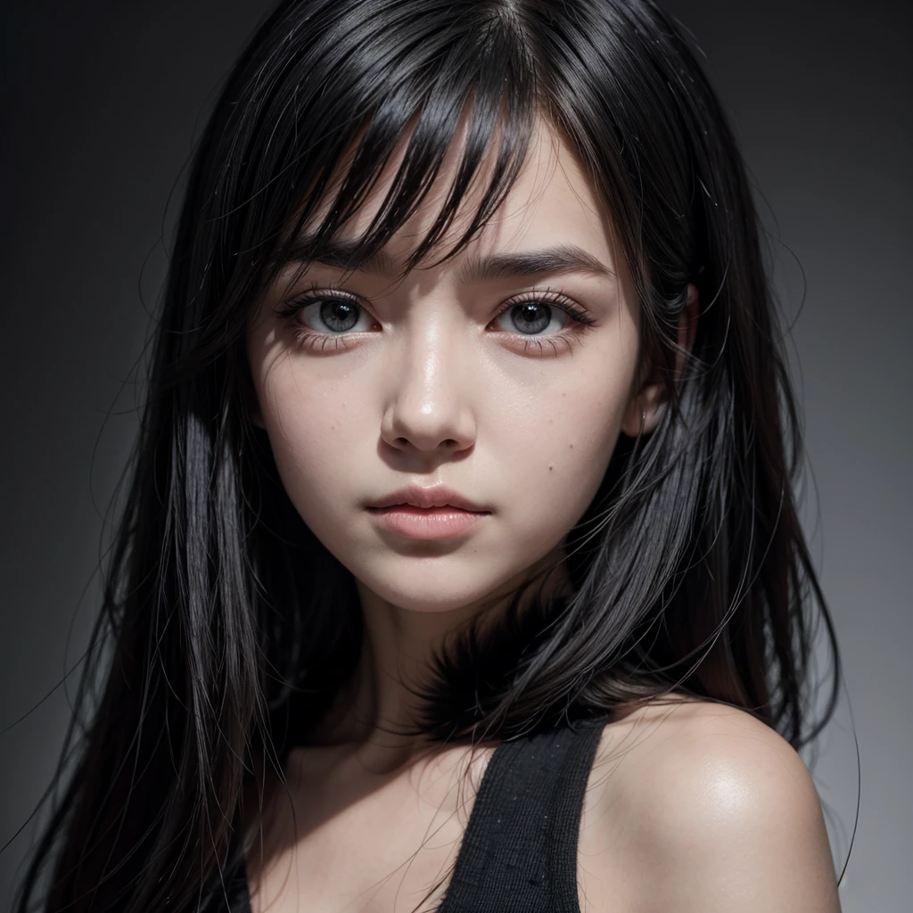 Woman round face, black eyes, long smooth black fur