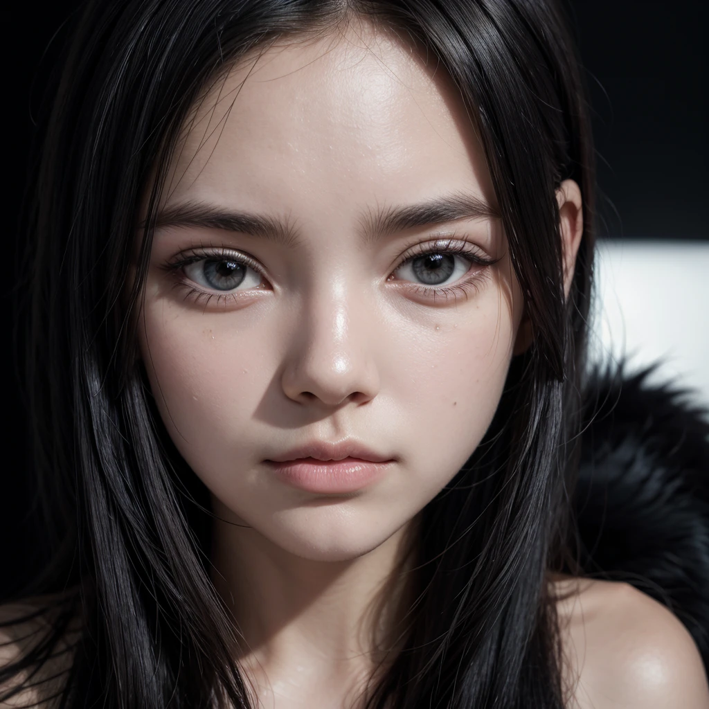 Woman round face, black eyes, long smooth black fur