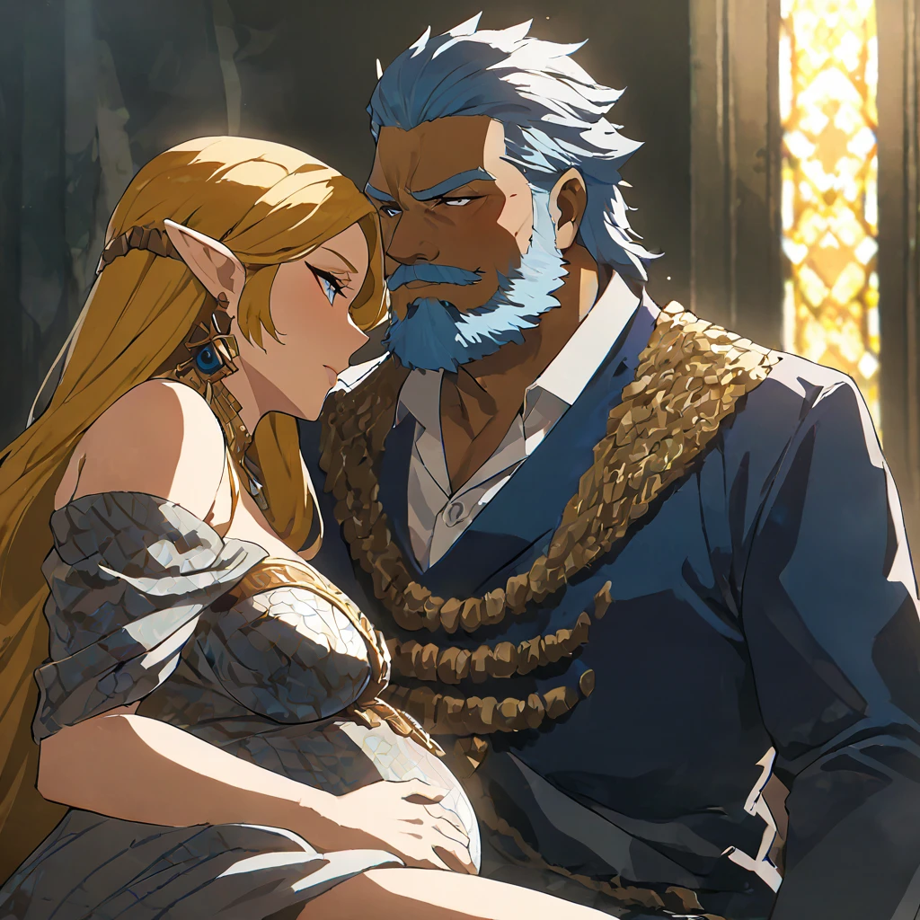 ((Highest quality)), ((masterpiece)), (detailed), (Perfect Face)、The woman is Queen Zelda of the Gerudo tribe, with blonde hair and blue eyes, and is wearing the luxurious dress of the Gerudo queen.、The man is a dignified, middle-aged man with a beard, strong red hair and dark skin, King Ganondorf, the king of the Gerudo tribe, and is wearing the luxurious attire of the Gerudo king.、A man and woman are kissing close together on the luxurious throne of the Gerudo royal family.、A queen and a king in love、the woman is pregnant