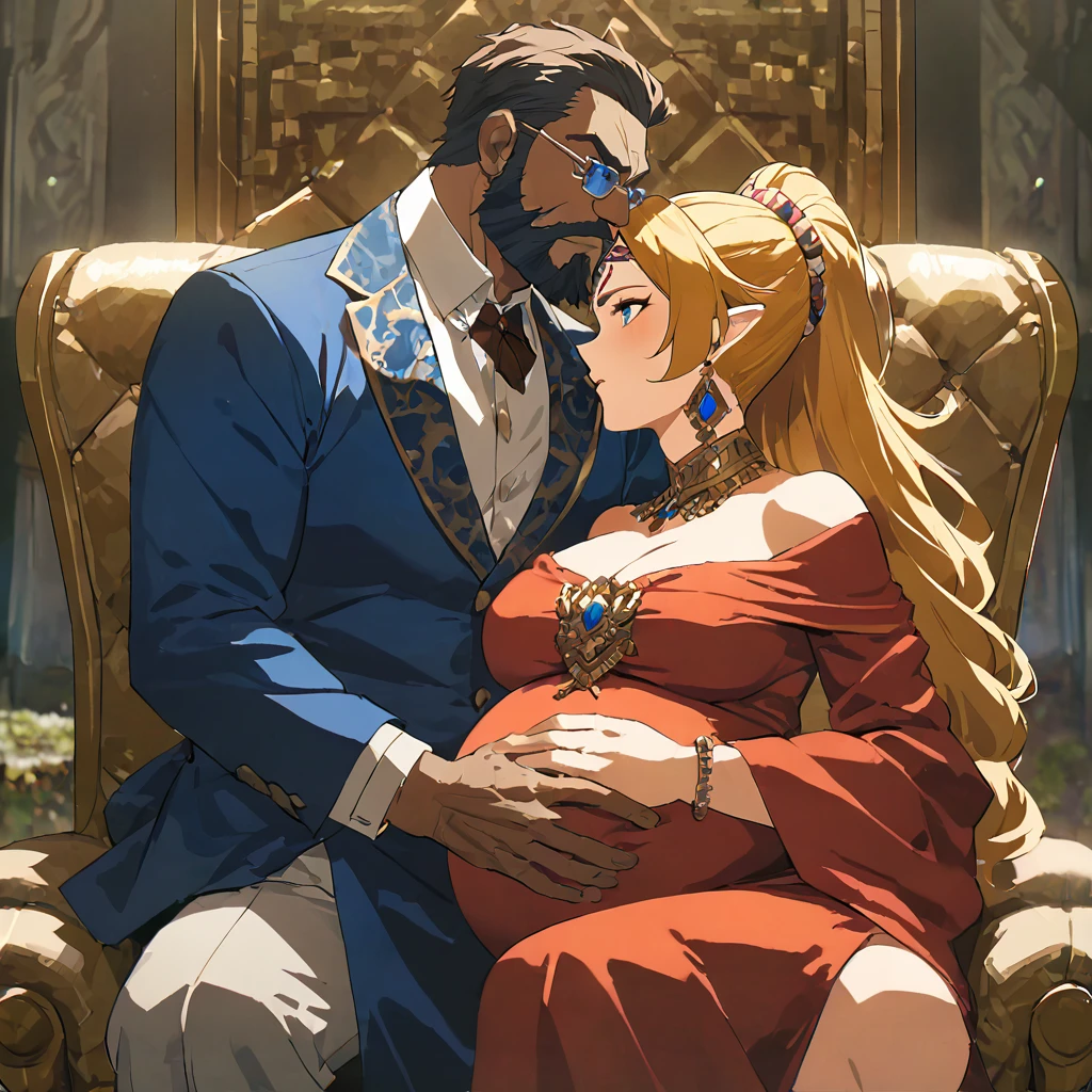 ((Highest quality)), ((masterpiece)), (detailed), （Perfect Face）、The woman is Queen Zelda of the Gerudo tribe, with blonde hair and blue eyes, and is wearing the luxurious dress of the Gerudo queen.、The man is a dignified, middle-aged man with a beard, strong red hair and dark skin, King Ganondorf, the king of the Gerudo tribe, and is wearing the luxurious attire of the Gerudo king.、A man and woman are kissing close together on the luxurious throne of the Gerudo royal family.、A queen and a king in love、the woman is pregnant