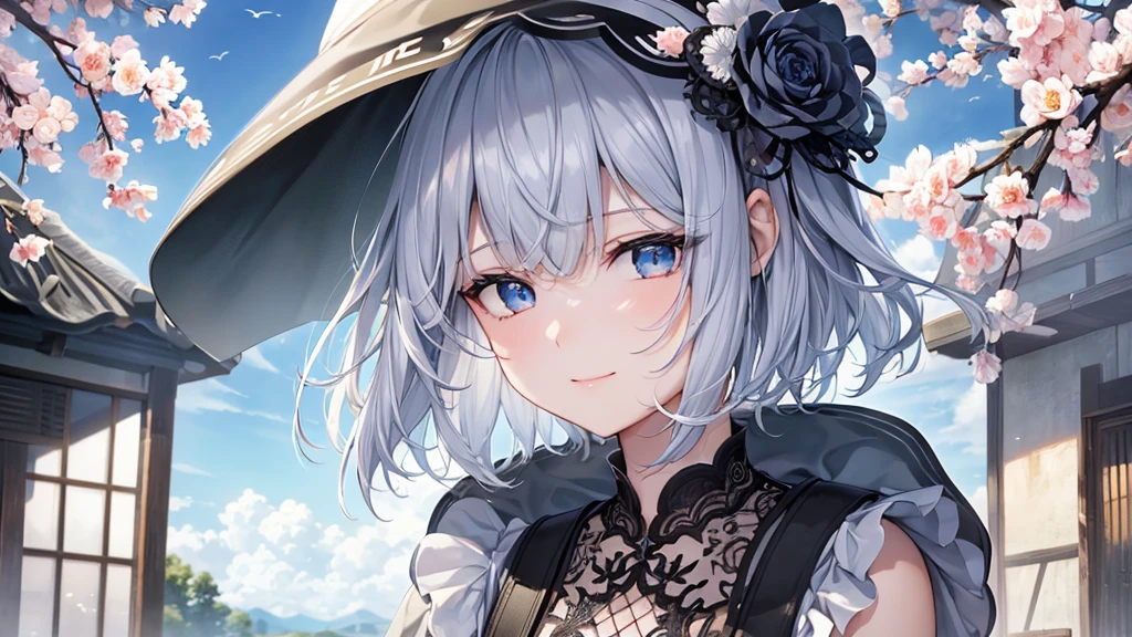 Ultra HD,Look at the viewers, Put your hands behind your back, With a girl, 20-year-old, 非常にShort Hair, Long bangs between the eyes, Pale blue eyes,  Very detailed,(masterpiece、Highest quality),Gray Hair、Laughter、Fantastic, Silver Hair, Iris,  Short hair、 Fluttering Hair、Small Face、明るいsmile、(Detailed face) ,Professional Lighting,Wonderful landscape,blue sky, sunlight,Looking down from above,Portraiture、Open your mouth、Flower Field、Her eyes were shining、Mysterious and enchanting atmosphere。With AI Painting、とてもShort Hair, Long bangs between the eyes, Very detailed,(masterpiece、Highest quality)、alone、Gray Hair、Fantasy, Silver Hair, Fantasyな風景、smile、Open your mouth、short hair、Short Hair、hairpin、black eye、Grey Eyes、Beautiful Eyes、Black Shirt、White hoodie