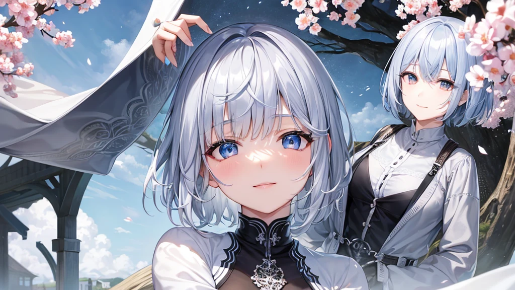 Ultra HD,Look at the viewers, Put your hands behind your back, With a girl, 20-year-old, 非常にShort Hair, Long bangs between the eyes, Pale blue eyes, Very detailed,(masterpiece、Highest quality),Gray Hair、Laughter、Fantastic, Silver Hair, Iris, Short hair、 Fluttering Hair、Small Face、明るいsmile、(Detailed face) ,Professional Lighting,Wonderful landscape,blue sky, sunlight,Looking down from above,Portraiture、Open your mouth、Flower Field、Her eyes were shining、Mysterious and enchanting atmosphere。With AI Painting、とてもShort Hair, Long bangs between the eyes, Very detailed,(masterpiece、Highest quality)、alone、Gray Hair、Fantasy, Silver Hair, Fantasyな風景、smile、Open your mouth、short hair、Short Hair、hairpin、black eye、Grey Eyes、Beautiful Eyes、Black Shirt、White hoodie