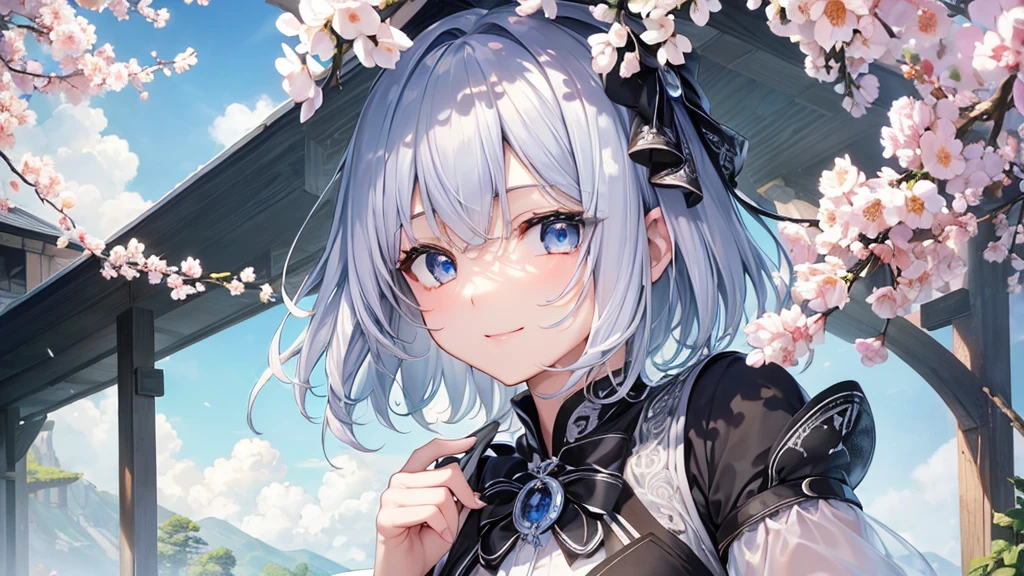 Ultra HD,Look at the viewers, Put your hands behind your back, With a girl, 20-year-old, 非常にShort Hair, Long bangs between the eyes, Pale blue eyes, Very detailed,(masterpiece、Highest quality),Gray Hair、Laughter、Fantastic, Silver Hair, Iris, Short hair、 Fluttering Hair、Small Face、明るいsmile、(Detailed face) ,Professional Lighting,Wonderful landscape,blue sky, sunlight,Looking down from above,Portraiture、Open your mouth、Flower Field、Her eyes were shining、Mysterious and enchanting atmosphere。With AI Painting、とてもShort Hair, Long bangs between the eyes, Very detailed,(masterpiece、Highest quality)、alone、Gray Hair、Fantasy, Silver Hair, Fantasyな風景、smile、Open your mouth、short hair、Short Hair、hairpin、black eye、Grey Eyes、Beautiful Eyes、Black Shirt、White hoodie