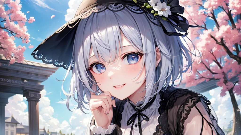 Ultra HD,Look at the viewers, Put your hands behind your back, With a girl, 20-year-old, 非常にShort Hair, Long bangs between the eyes, Pale blue eyes,  Very detailed,(masterpiece、Highest quality),Gray Hair、Laughter、Fantastic, Silver Hair, Iris,  Short hair、 Fluttering Hair、Small Face、明るいsmile、(Detailed face) ,Professional Lighting,Wonderful landscape,blue sky, sunlight,Looking down from above,Portraiture、Open your mouth、Flower Field、Her eyes were shining、Mysterious and enchanting atmosphere。With AI Painting、とてもShort Hair, Long bangs between the eyes, Very detailed,(masterpiece、Highest quality)、alone、Gray Hair、Fantasy, Silver Hair, Fantasyな風景、smile、Open your mouth、short hair、Short Hair、hairpin、black eye、Grey Eyes、Beautiful Eyes、Black Shirt、White hoodie