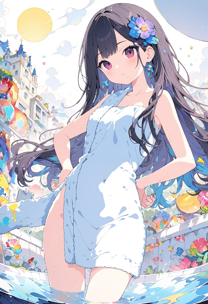Momoko Sakura Style、8K quality、Intense watercolor,, Watercolor splash, Surreal, Avant-garde pop art, Beautiful and expressive paintings, Beautiful artwork illustration, Very colorful tones, wonderful, Cool Beauty, Highest quality、Official Art, Vector art, Stylish design, (((The most beautiful girl))), ((Thin legs))、(((Highest quality))), High resolution, ((detailed)), (((Doodle Art)), ((masterpiece)), ((Super detailed)),(((1 bath towel))),,(Sexual),((Cool pose)))
