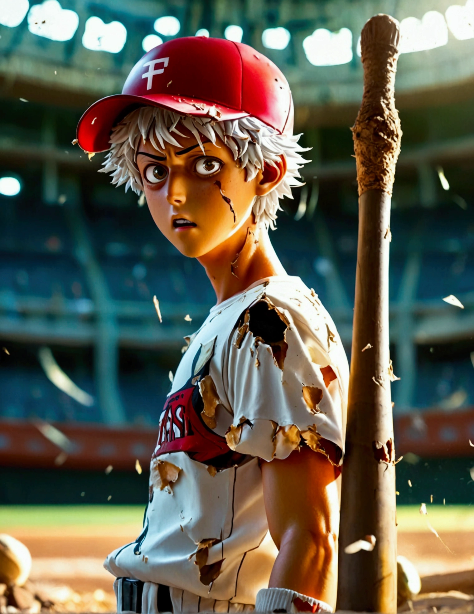 Saitama(bald), One Punch Man, dressed in a baseball player (shorts, shirt, cap) looking stunned and confused, badly damaged baseball bat in his hand, exploded baseball remains fall to the ground
