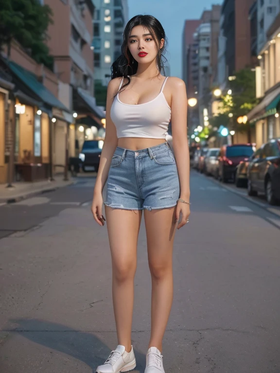 there is a woman with a red lipstick and a white shirt, with a round face, An exceptionally beautiful face, Tomorrow, Tran., light-red lips, red lips, thick red lips, With professional makeup, Face to face artgram, cute vtuber house, small and thick red lips, Beautiful round face, have very thin lips, full round face Southeast Asian Araaf woman with a round face,Posing for pictures, animation , black eyes ตาสองชั้น, black eyes, Thai anime, ponytail woman, flowing black hair, long flowing black hair, she has black hair, Her black hair was long and wavy., beautiful black hair, Extra dark natural black hair, (A pure and flawless face:), (Big eyes and makeup, Sexy wet eye makeup, The makeup and hair are beautiful and very meticulous., raw photos,