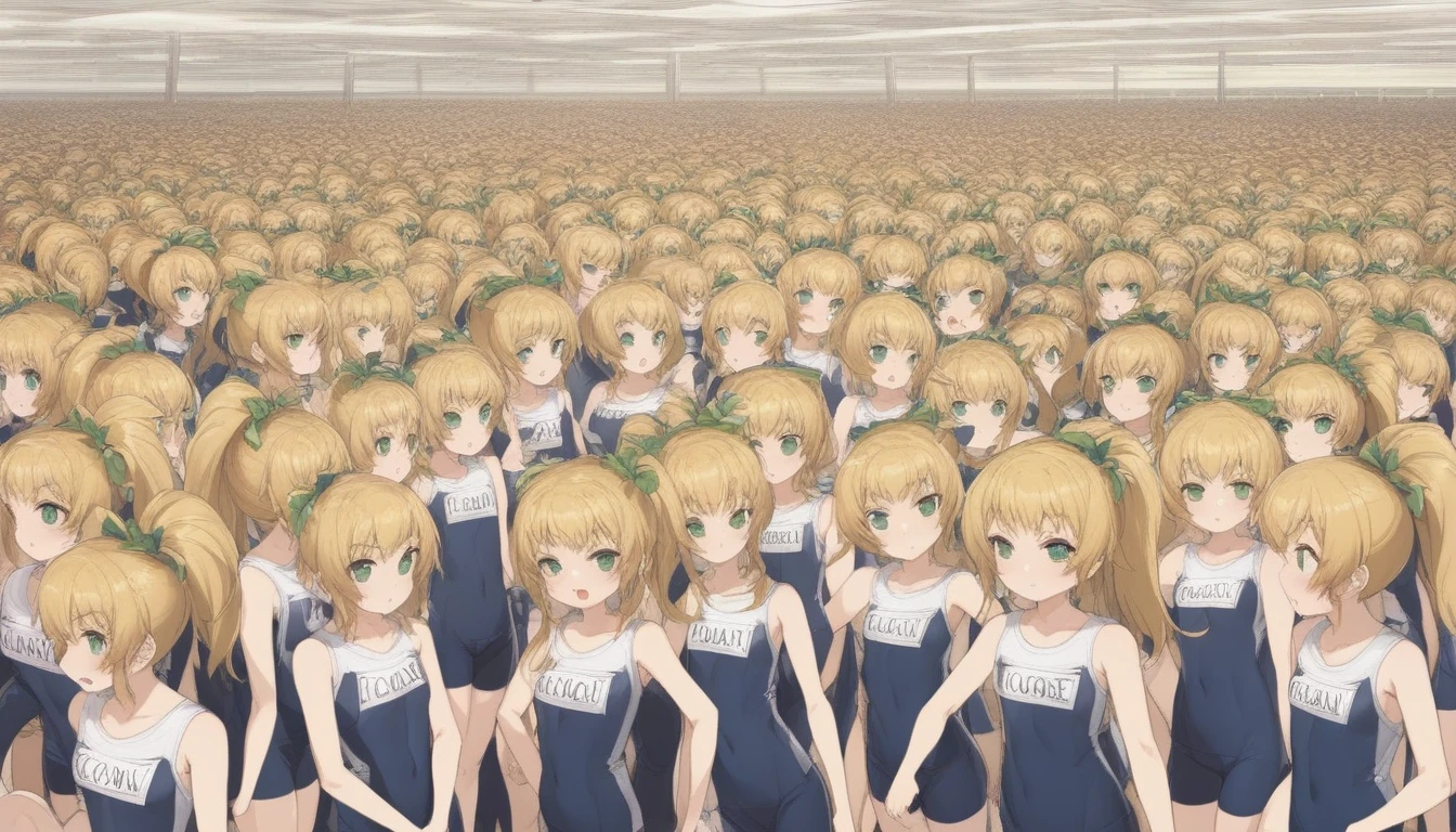 20000+ clone girls, roll(mega man classic),swimsuit roll(mega man x dive old design),mega man x dive, Short stature,flat chest,clone girls,extremely number of clone girls, blond hair, green eyes,high ponytail hair,Sleeveless navy one piece old type school swimsuit with white stripes from armpit to flank,white name tag, navy heeled sandals, green ribbon,human appearance,same height,same appearance, same face,fill the entire image, absolutely everyone, many clone, perfect features,multiple clone girls,same school swimsuit,same hair,official art,girls only,extremely full of extremely crammed,huge crowd,densely packed, masterpiece, best quality,insanely detailed,horde of clone girls, lots of clone girls