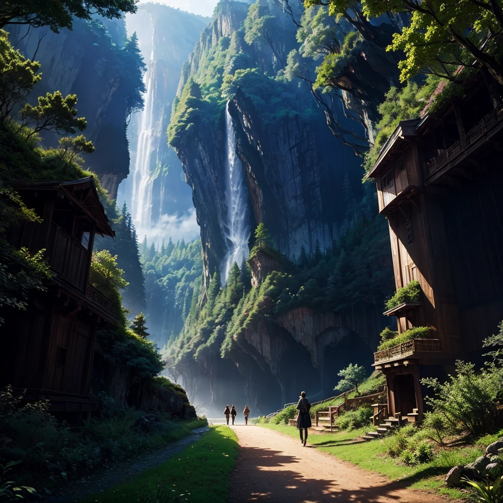 Mysterious Forest，Huge Cliff，Nature，Walking path，Anime Art，Different world，Huge wooden building，romantic，Dream world，best scenery，Best Quality，8K，masterpiece，perfection