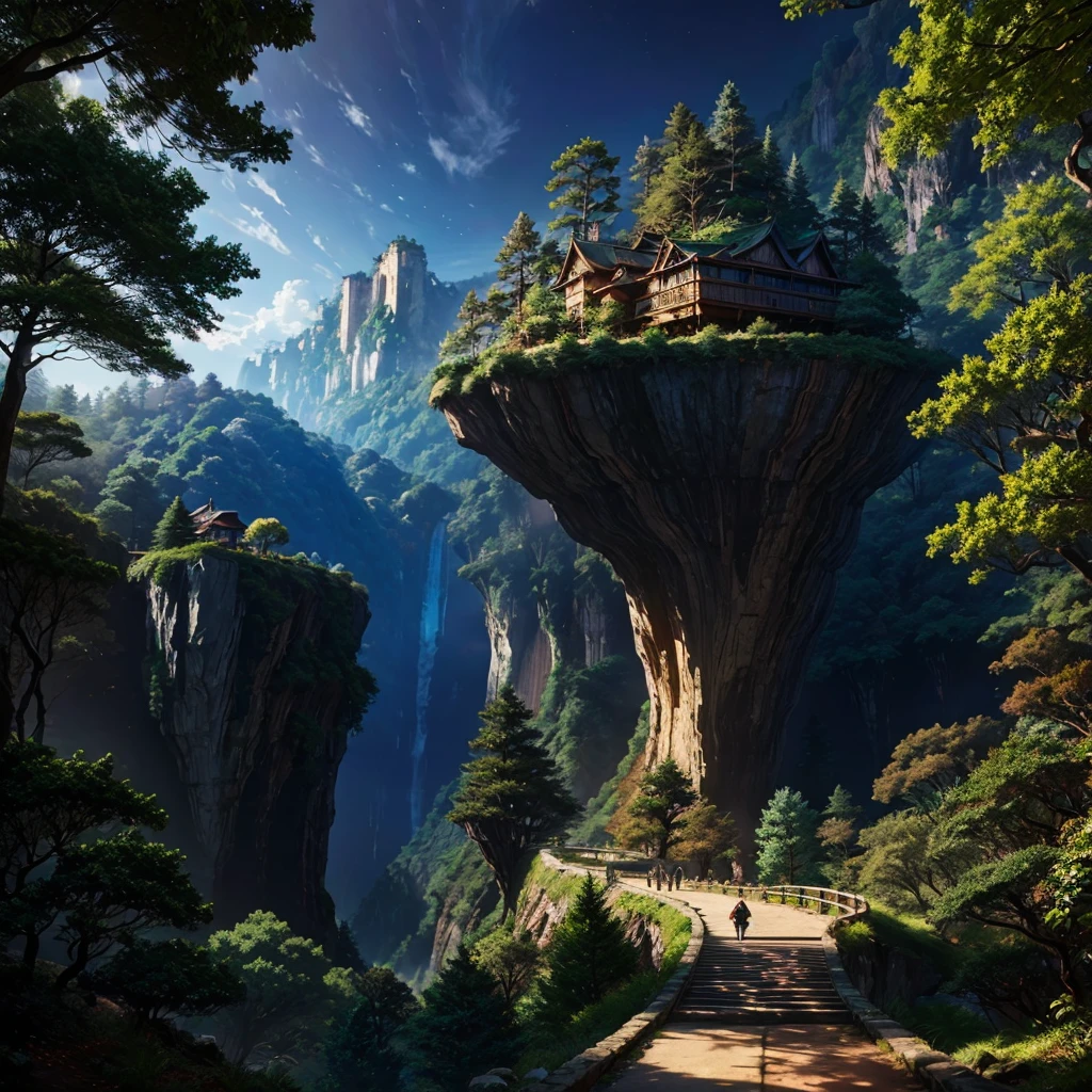 Mysterious Forest，Huge Cliff，Nature，Walking path，Anime Art，Different world，Huge wooden building，romantic，Dream world，best scenery，Best Quality，8K，masterpiece，perfection