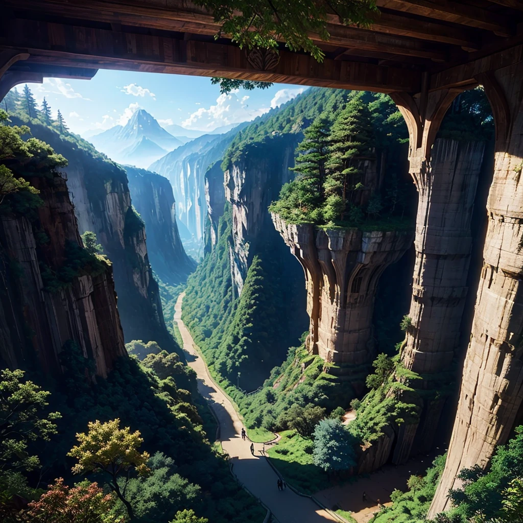 Mysterious Forest，Huge Cliff，Nature，Walking path，Anime Art，Different world，Huge wooden building，romantic，Dream world，best scenery，Best Quality，8K，masterpiece，perfection