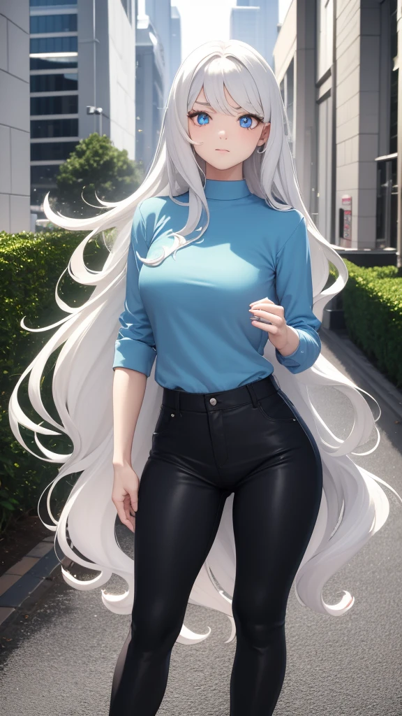 Beautiful Teenage Girl, Wavy White Hair, BigEyes, Small Nose, Medium Breasts, Blue Shirt, Black Pants, Looking Foward, Standing Pose, Neutral Face Expression
