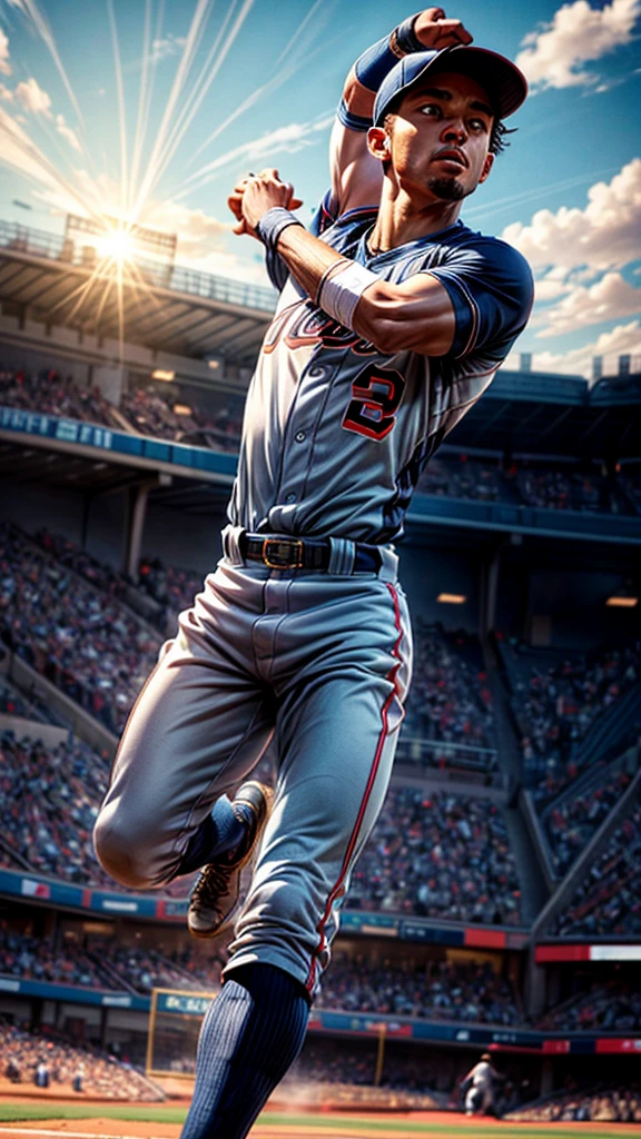 a jumping outfielder catching a ball that is likely to be a home run,ultra detailed,realistic,photorealistic,masterpiece,award winning,dramatic lighting,extreme detail,hyperrealistic,highly detailed,cinematic,dramatic angle,action shot,baseball player,sports uniform,mid-air,intense focus,powerful muscles,dynamic pose,excellent depth of field,beautiful sky background,sun flare,crowd in background