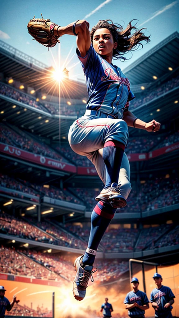 a jumping outfielder catching a ball that is likely to be a home run,ultra detailed,realistic,photorealistic,masterpiece,award winning,dramatic lighting,extreme detail,hyperrealistic,highly detailed,cinematic,dramatic angle,action shot,baseball player,sports uniform,mid-air,intense focus,powerful muscles,dynamic pose,excellent depth of field,beautiful sky background,sun flare,crowd in background