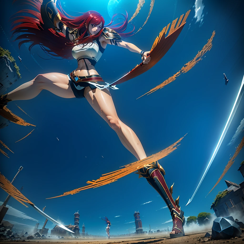 Beautiful erza running with a sword in her right hand, dynamic movement, dynamic pose perspective, dynamic perspective pose, foreshortening, metal armor, crystals, red hair, glowing brown eyes, tan skin, brawny, dirty, toned, big ass, big hips, big thighs, big legs, big breasts, small waist, narrow waist, thin, skinny, slim 