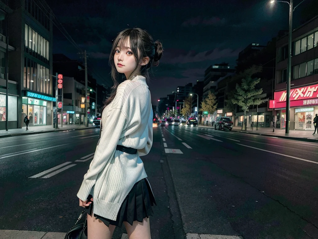 City landscape combination of Mexico and Japan modern avenue anime night neon lights, an anime girl alone in the middle of the street with her back covered in a dark flag green cardigan sweater, gray knee length skirt, high white socks and black shoes
