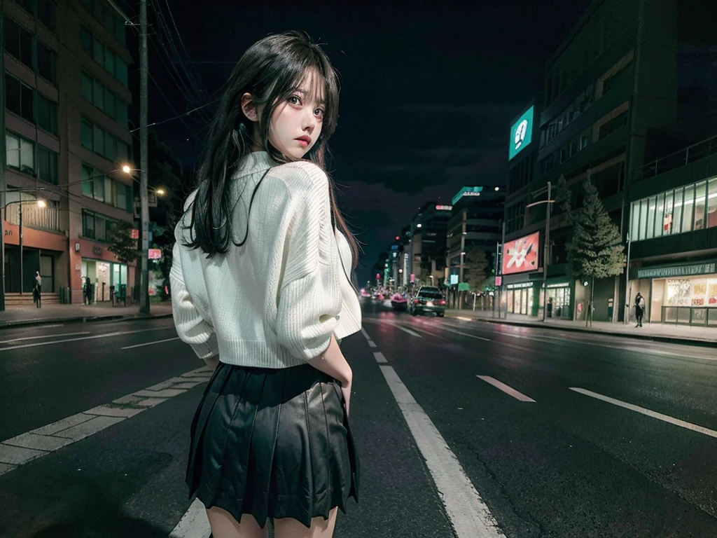 City landscape combination of Mexico and Japan modern avenue anime night neon lights, an anime girl alone in the middle of the street with her back covered in a dark flag green cardigan sweater, gray knee length skirt, high white socks and black shoes