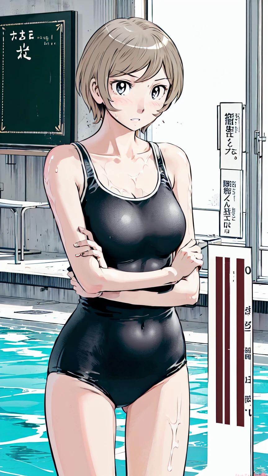 Blonde, (short hair:1.2)、((Illustration of a person))、Big Breasts、
View your viewers,, (Highest quality:1.3),Blue Eye Star Piece、Highest quality)、Highest quality, Ultra-high resolution, (((masterpiece))), alone, Sweat、Big eyes、Big Breasts、One Girl, Front view、Embarrassed face、Bronze colored hair、((short hair))、One Girl, alone, blush, Big Breasts,
Bare arms, Wet, Pool, 青いSchool Swimsuit, Thighs, Place your arms at your sides, Bare arms, Cowboy Shot, Are standing, School Swimsuit,bite、High Leg、mansuji