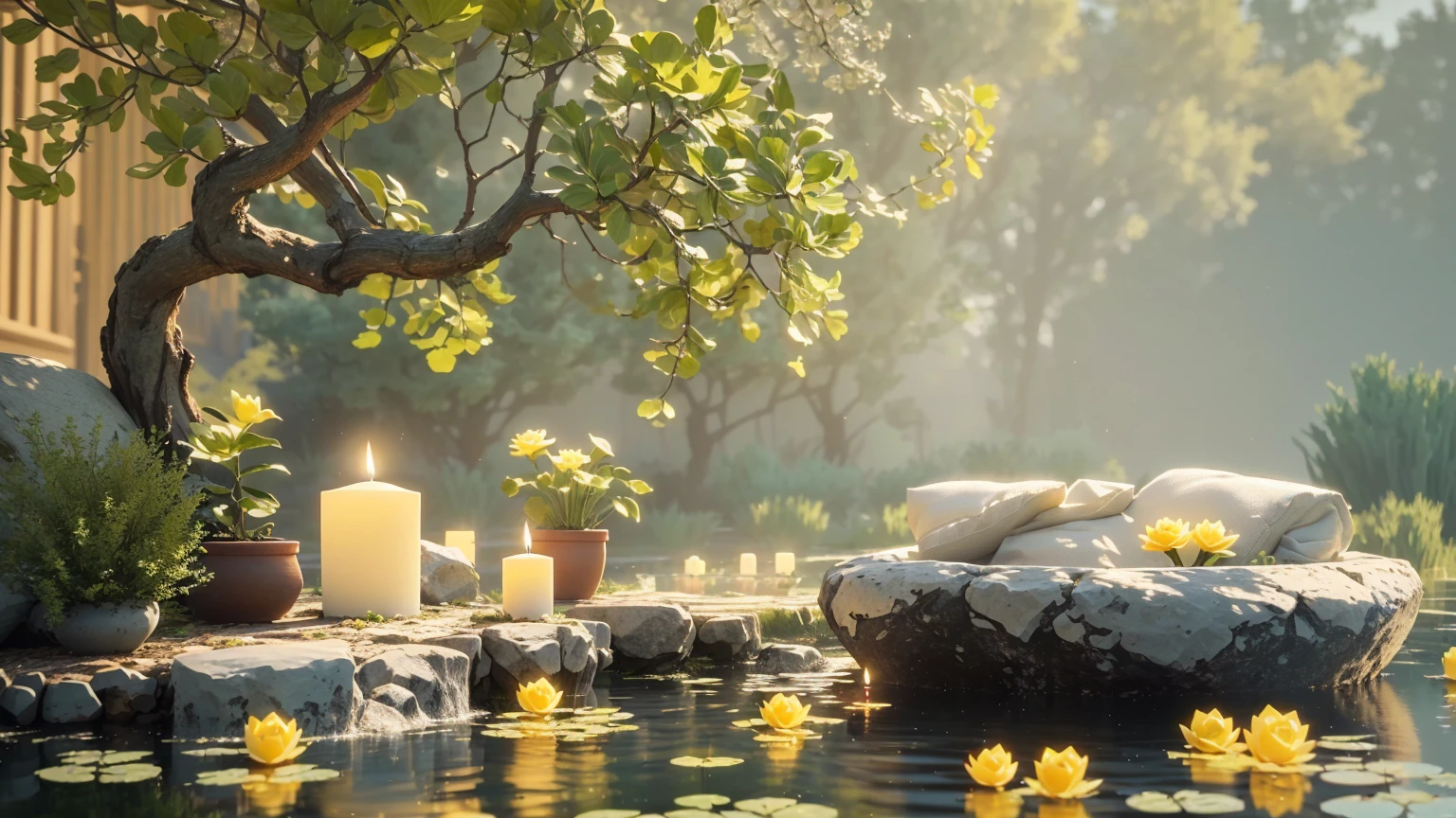 There is a small pond there decorated with candles and flowers., Relaxing environment, Relaxing concept art, Highly detailed scenes, Quiet landscape, Relaxed atmosphere, Stylized 3D rendering, 3D Stylized Scene, Quiet and peaceful atmosphere, Peaceful landscape, Warm and beautiful scenery, 3D rendering style, Serene landscape, Beautifully detailed scenes, Beautiful 3D rendering, Peaceful environment8K