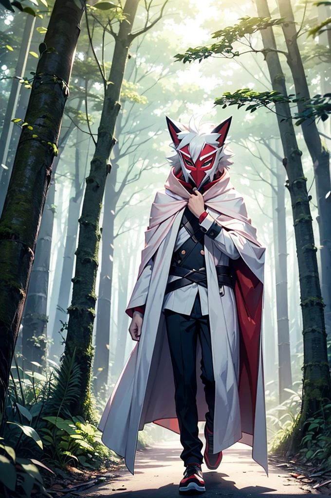 A white haired teenage boy in a long thin white cloak with a light pink pattern wearing a traditional wood carved mask resembling the Pokémon Zoroark covering his face walking through a forest. lush forest, semi-dim lighting, high quality, evening