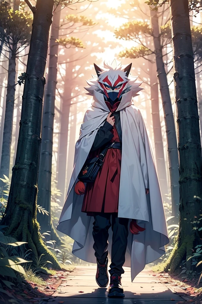 A white haired teenage boy in a long thin white cloak with a light pink pattern wearing a traditional wood carved mask resembling the Pokémon Zoroark covering his face walking through a forest. lush forest, semi-dim lighting, high quality, evening