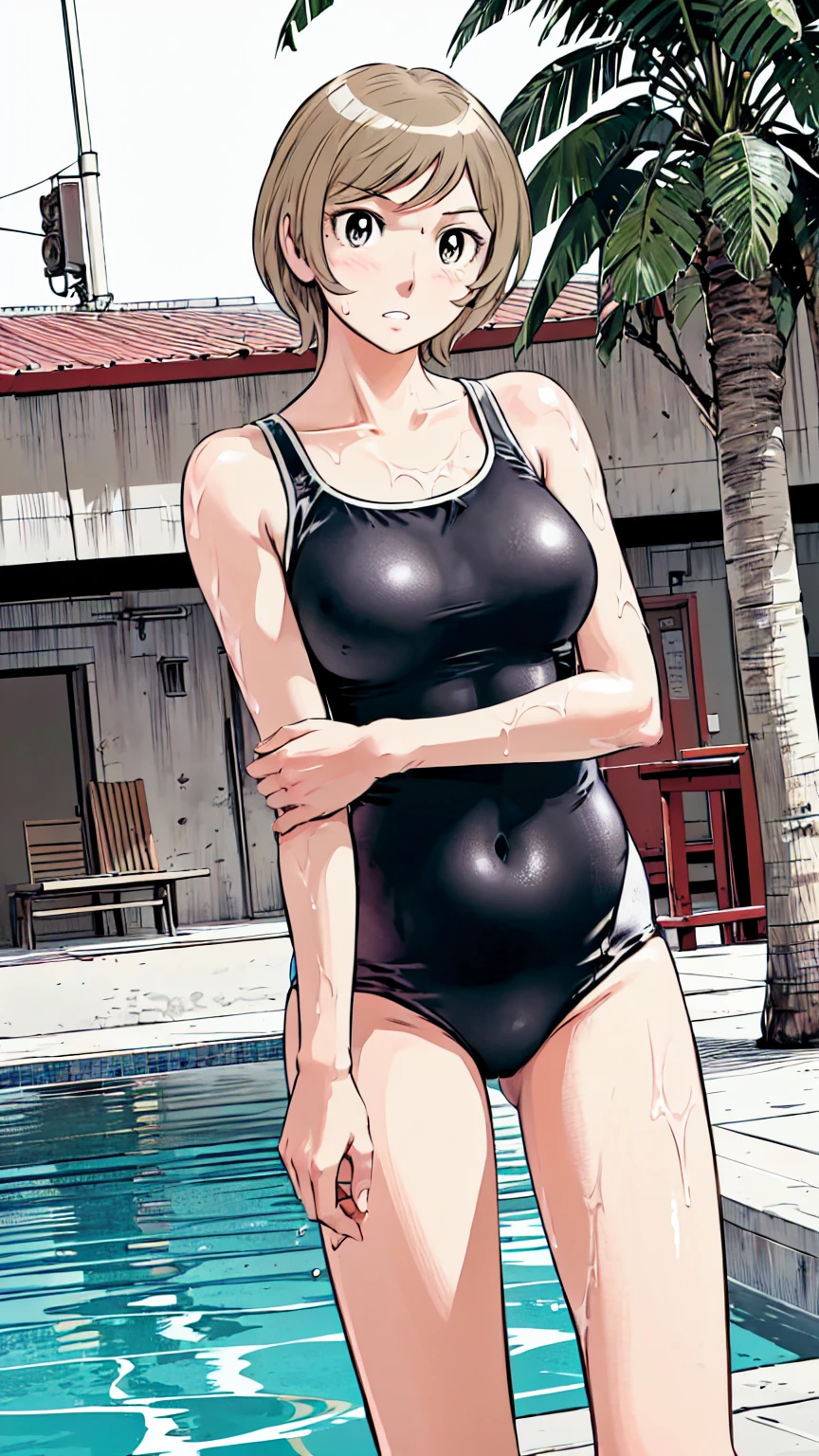 Blonde, (short hair:1.2)、((Illustration of a person))、Big Breasts、
View your viewers,, (Highest quality:1.3),Blue Eye Star Piece、Highest quality)、Highest quality, Ultra-high resolution, (((masterpiece))), alone, Sweat、Big eyes、Big Breasts、One Girl, Front view、Embarrassed face、Bronze colored hair、((short hair))、One Girl, alone, blush, Big Breasts,
Bare arms, Wet, Pool, 青いSchool Swimsuit, Thighs, Place your arms at your sides, Bare arms, Cowboy Shot, Are standing, School Swimsuit,bite、High Leg、mansuji