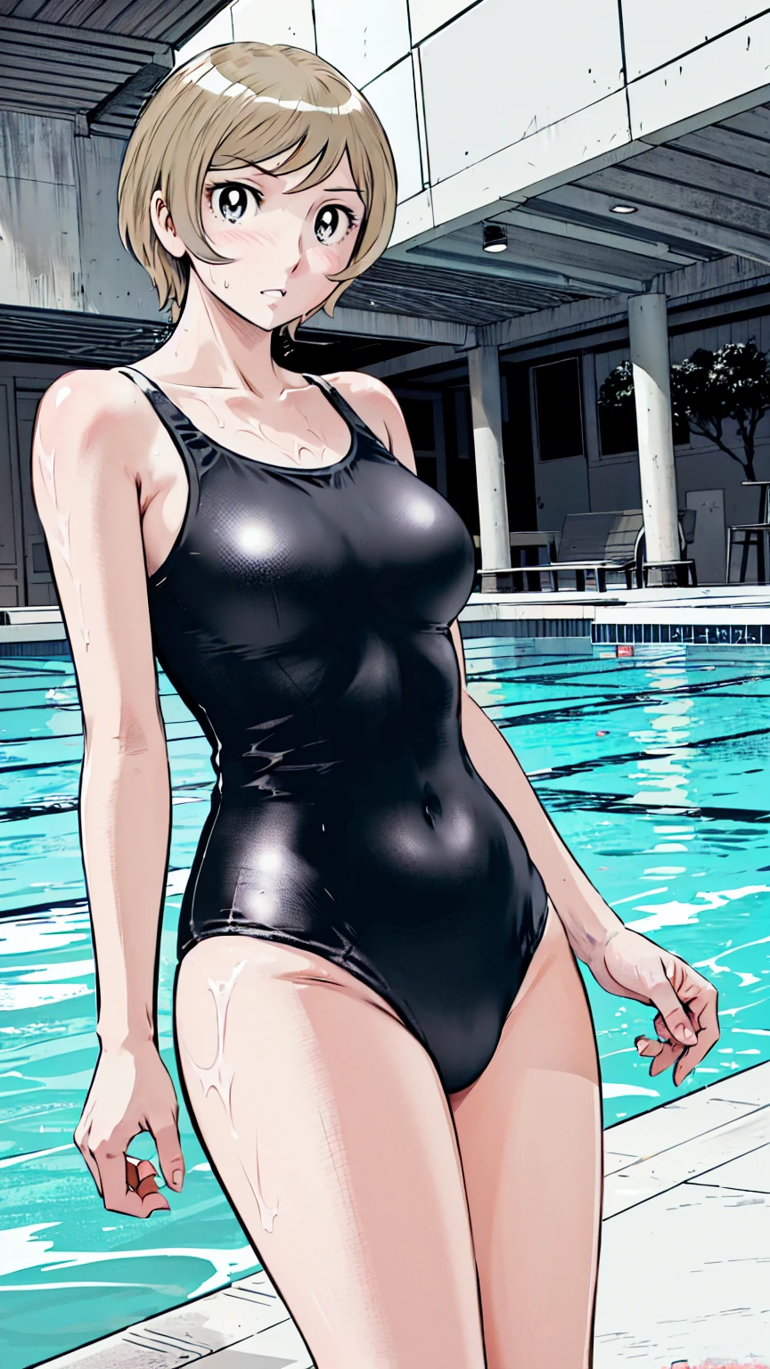 Blonde, (short hair:1.2)、((Illustration of a person))、Big Breasts、
View your viewers,, (Highest quality:1.3),Blue Eye Star Piece、Highest quality)、Highest quality, Ultra-high resolution, (((masterpiece))), alone, Sweat、Big eyes、Big Breasts、One Girl, Front view、Embarrassed face、Bronze colored hair、((short hair))、One Girl, alone, blush, Big Breasts,
Bare arms, Wet, Pool, 青いSchool Swimsuit, Thighs, Place your arms at your sides, Bare arms, Cowboy Shot, Are standing, School Swimsuit,bite、High Leg、mansuji