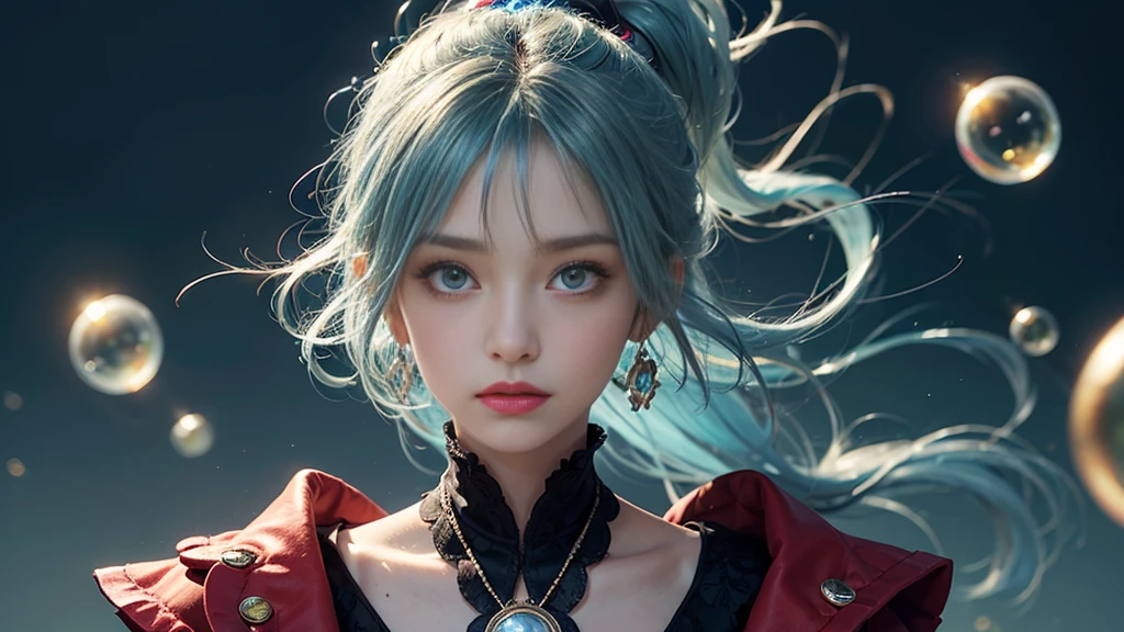 (masterpiece), (Highest quality), (Very detailed), (Disheveled Hair), (shape), (One Girl), (Fashionable clothes), Are standing, Fashion Model, Beholder, (interview), (Simple Background), Beautiful and beautiful eyes, Delicate and beautiful face, floating, (High chroma), (Colorful Splash), Colorful bubbles, (Shine), Focus on the face, ponytail, Light blue hair, bangs, Hair Ring, floating Flowers, floating Hairs, (The Shining), Best lighting, Best Shadow, Big, firm, swaying breasts