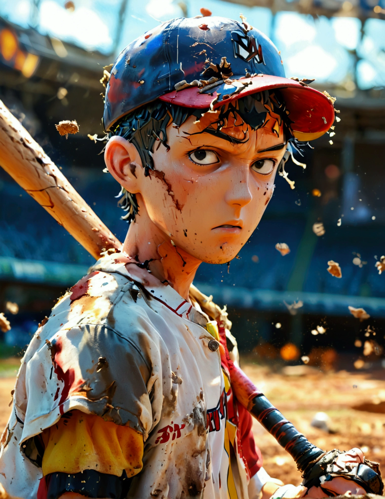 Saitama(bald), One Punch Man, dressed in a baseball player (shorts, shirt, cap) looking stunned and confused, badly damaged baseball bat in his hand, exploded baseball remains fall to the ground
