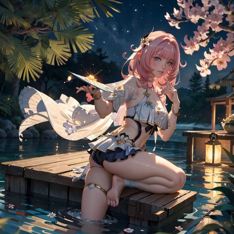Yelan_(genshin impact), 1 girl, lake scene, seat on the water, navy swim suit, gold details on her clothes, in garden, holding a chinese fan, white flowers on focus, flower peach tree, full moon, night, flowing hair, crystals, sparkles, swim suit, jewel, lanterns, short hair, navy hair, fireworks, waterfall, lake scenery