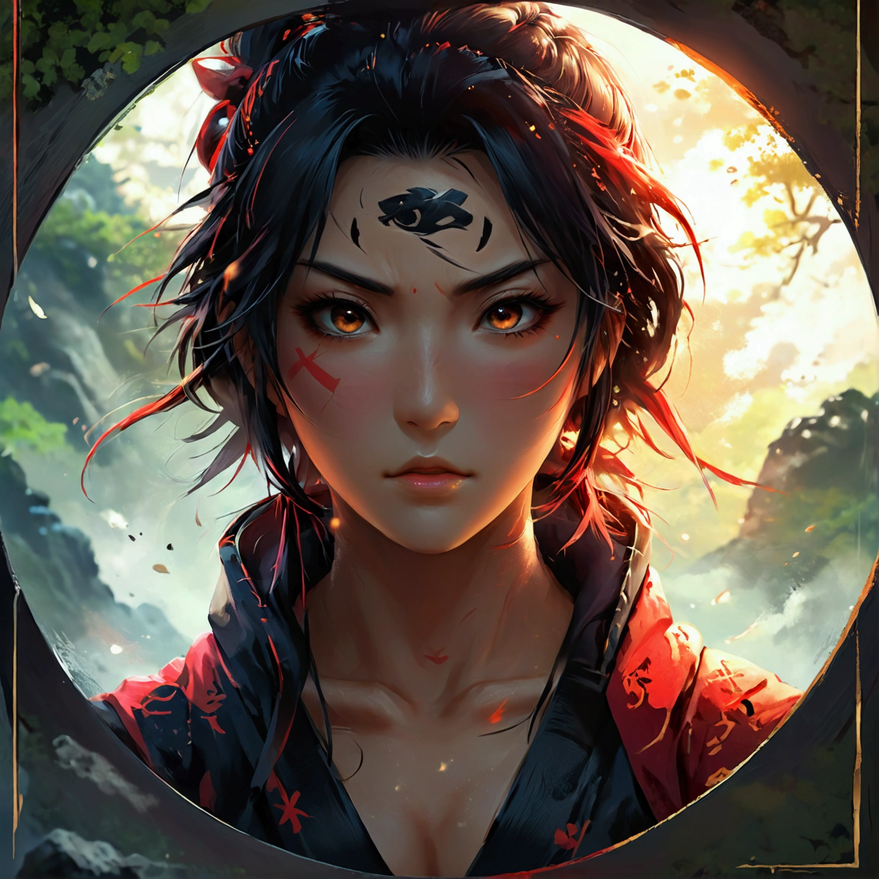 Create an illustration that meets the following conditions:。 -Create a round frame icon -Realistic anime style -Ninja character - Fantasy background -The theme is Ninja vs Kunoichi