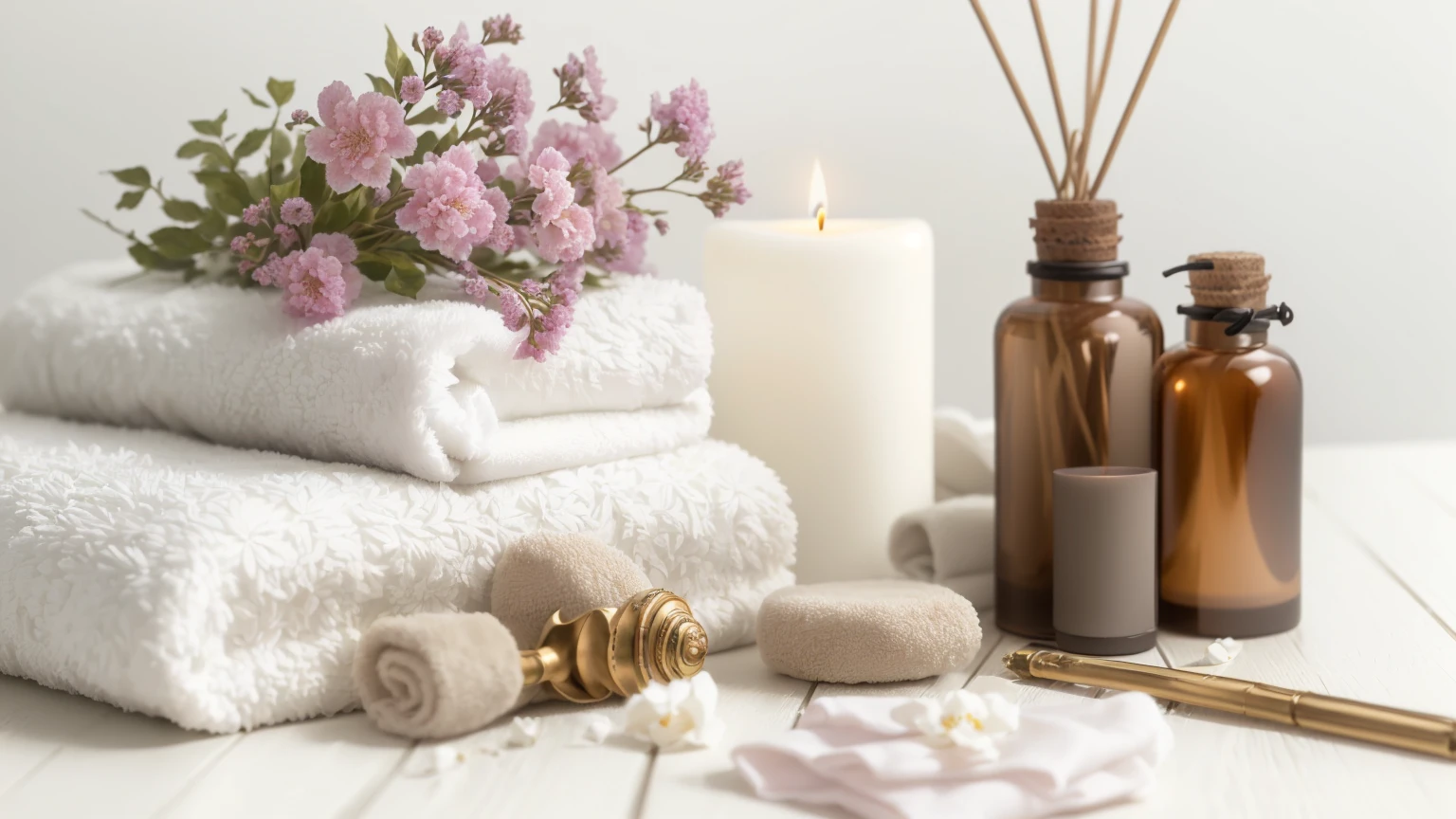 towel, Candles, There are flowers and candles on the table, relax, relax mood, Beautiful shots, relax atmosphere, appease, Soft glow, spa, Perfect detail, Serene landscape, Sublime and cozy atmosphere, Clean and neat design, relax environment, Peaceful atmosphere, Candy Treatment, Beautifully illuminated, Detailed in software, Peaceful mood, Cleanse the skin of the face and body、8K