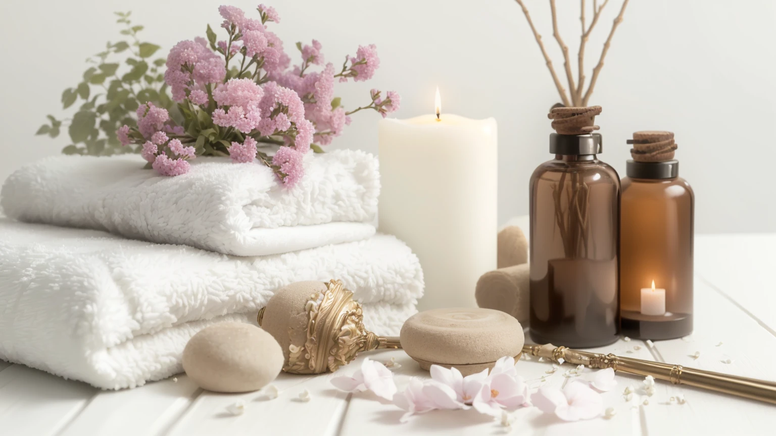 towel, Candles, There are flowers and candles on the table, relax, relax mood, Beautiful shots, relax atmosphere, appease, Soft glow, spa, Perfect detail, Serene landscape, Sublime and cozy atmosphere, Clean and neat design, relax environment, Peaceful atmosphere, Candy Treatment, Beautifully illuminated, Detailed in software, Peaceful mood, Cleanse the skin of the face and body、8K