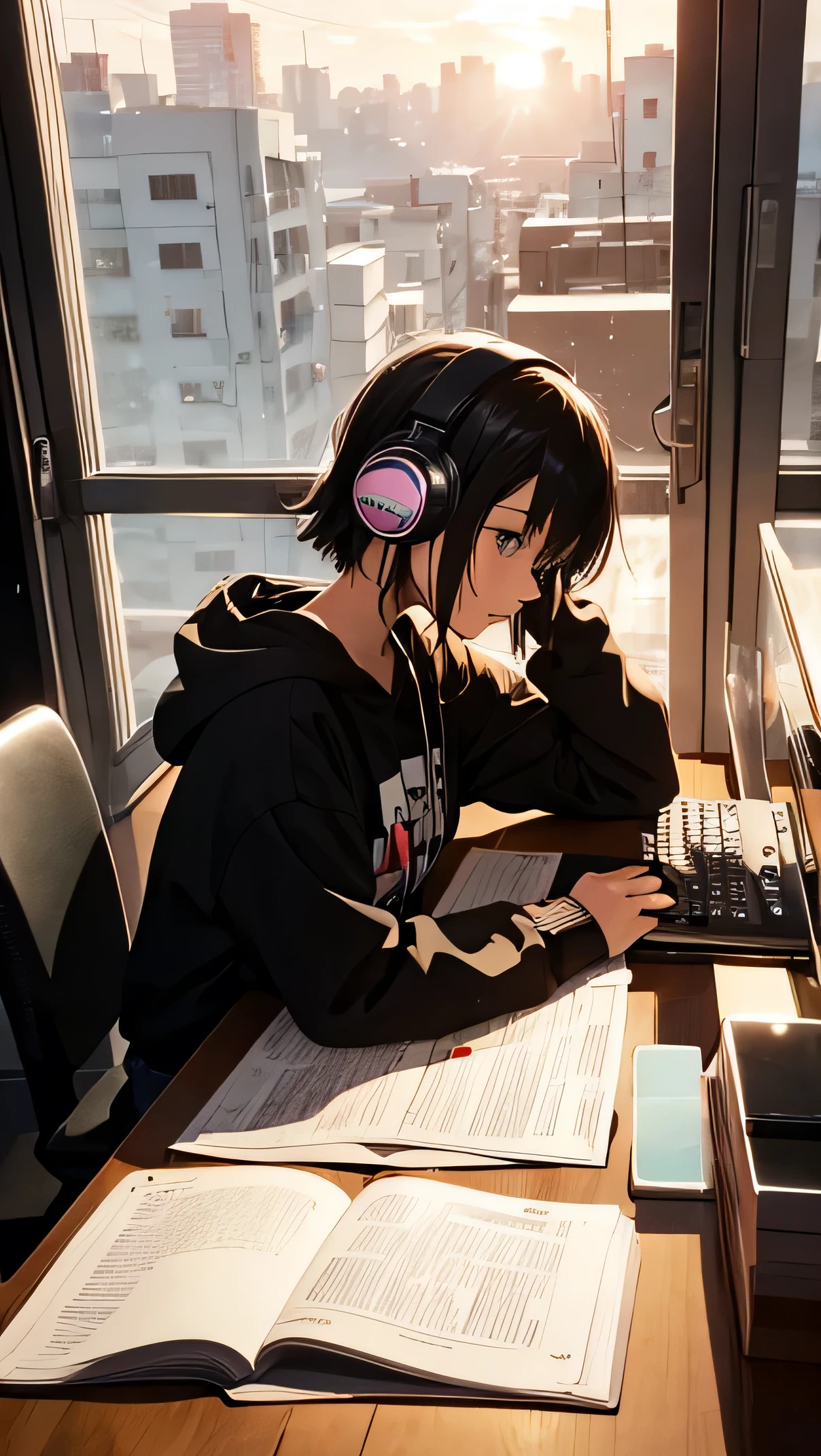 1 Female, only, sitting at a table with headphones on, sunset, African American, One Book, Lo-fi Girl, Lofi Art, null Art Style, Lo-fi feeling, Portrait of Rofi, Lofi Color, null, Lo-fi art, An atmosphere of praise , Cool vibe, Lo-fi hip hop, Satoshi may be an art style, Lo-fi Girl aesthetic