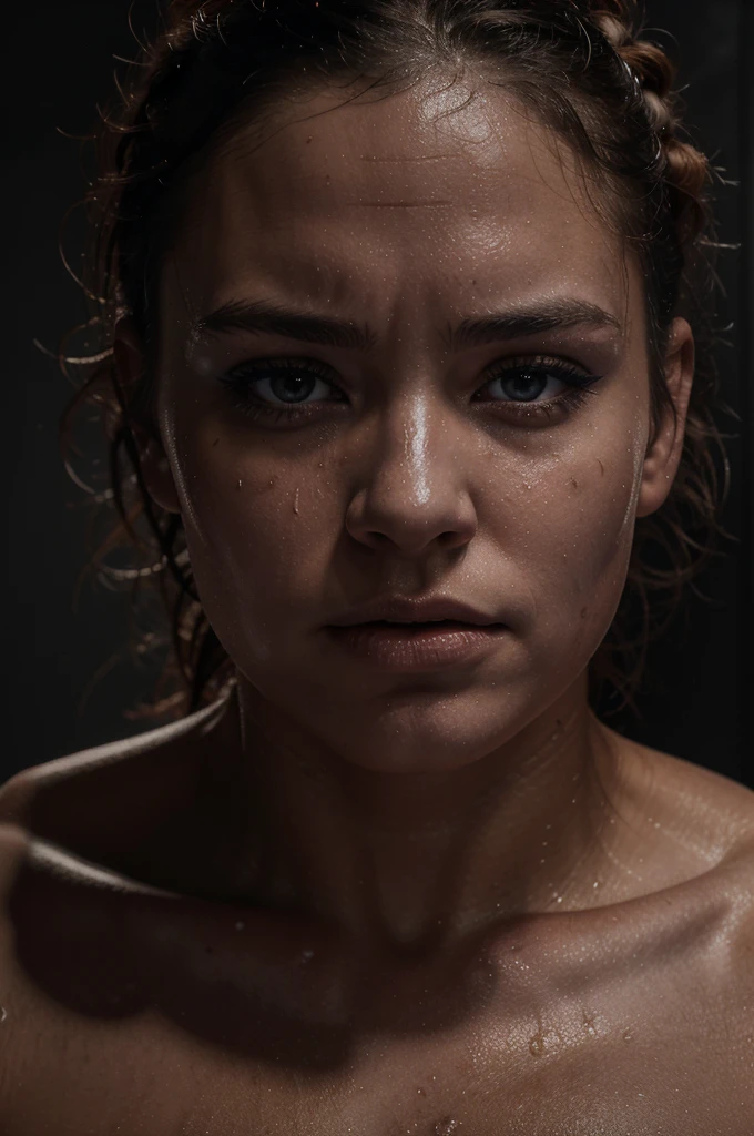 a female ufc fighter,sweaty,curvy,wearing lingerie,partially bruised face,dramatic lighting,high contrast,ultra detailed,cinematic,8k,hyper realistic,photorealistic,masterpiece,dramatic atmosphere,hyper detailed skin,sharp focus,cinematic composition,dramatic pose,beautiful detailed eyes,beautiful detailed lips,extremely detailed face