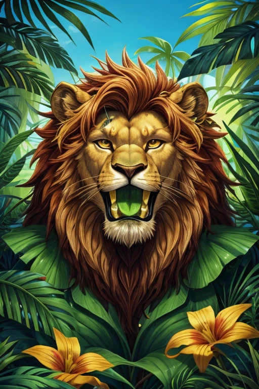 Male lion roaring in the middle of a tropical jungle with foliage and many flowers around, showing his green tongue and with moths in his hair, music album cover style