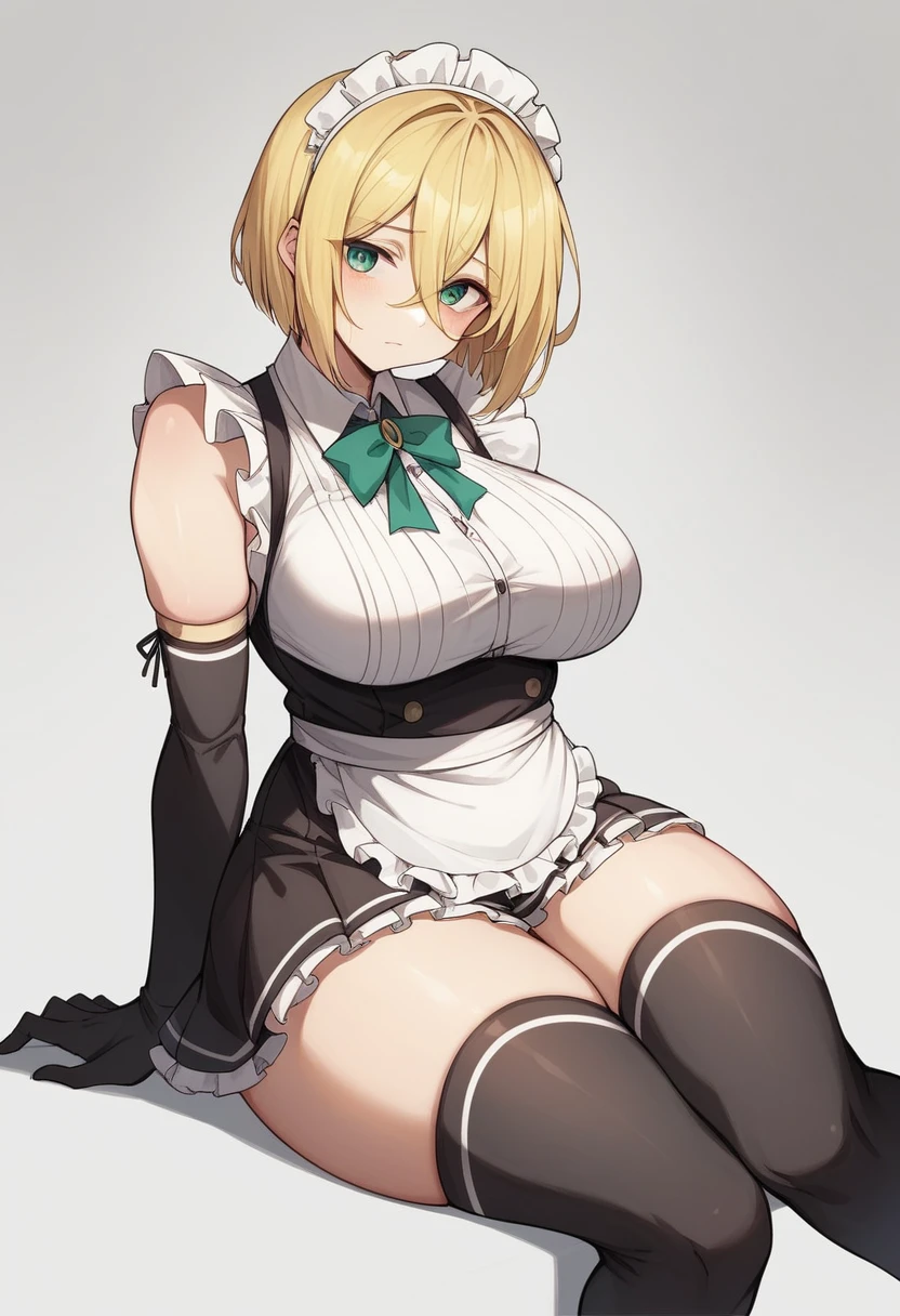 (One girl)、(bob cut)、((Blonde))、（Sato Air）、slan eyes、((boyish))、(Big super breasts)、[Chubby]、(beautiful girl)、Maid clothes、No sleeve、mini skirt、White sleeveless、((hairs between eyes))、((thigh-high socks thighhighs))、(long gloves)、green eye、say、arm behind back、White Background、