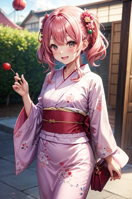 A woman wearing a yukata,hair_pink,Medium Hair,お団子のhair型,hair飾り,巻きhair,pinkの目,pinkの浴衣_Floral,laughing,Mouth wide open,A very happy smile,Happy look,I have apple candy,Summer festival,firework,blush,Small ,,clear,,flat chest