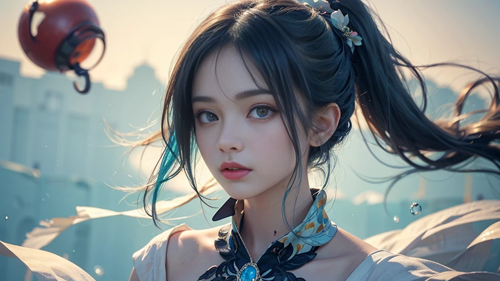 (masterpiece), (Highest quality), (Very detailed), (Disheveled Hair), (shape), (One Girl), (Fashionable clothes), Are standing, Fashion Model, Beholder, (interview), (Simple Background), Beautiful and beautiful eyes, Delicate and beautiful face, floating, (High chroma), (Colorful Splash), Colorful bubbles, (Shine), Focus on the face, ponytail, Light blue hair, bangs, Hair Ring, floating Flowers, floating Hairs, (The Shining), Best lighting, Best Shadow, Big, firm, swaying breasts