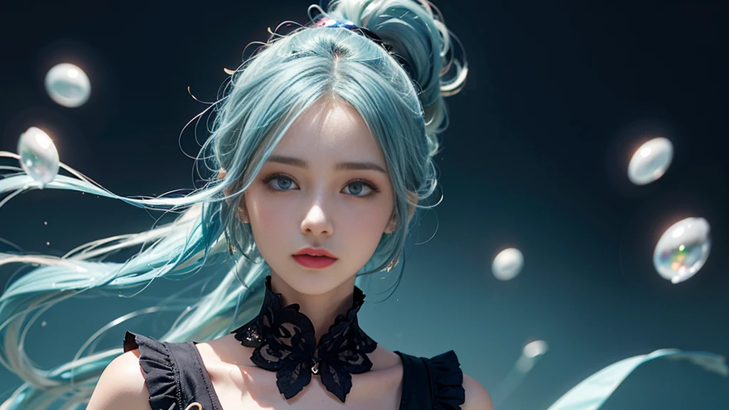 (masterpiece), (Highest quality), (Very detailed), (Disheveled Hair), (shape), (One Girl), (Fashionable clothes), Are standing, Fashion Model, Beholder, (interview), (Simple Background), Beautiful and beautiful eyes, Delicate and beautiful face, floating, (High chroma), (Colorful Splash), Colorful bubbles, (Shine), Focus on the face, ponytail, Light blue hair, bangs, Hair Ring, floating Flowers, floating Hairs, (The Shining), Best lighting, Best Shadow, Big, firm, swaying breasts