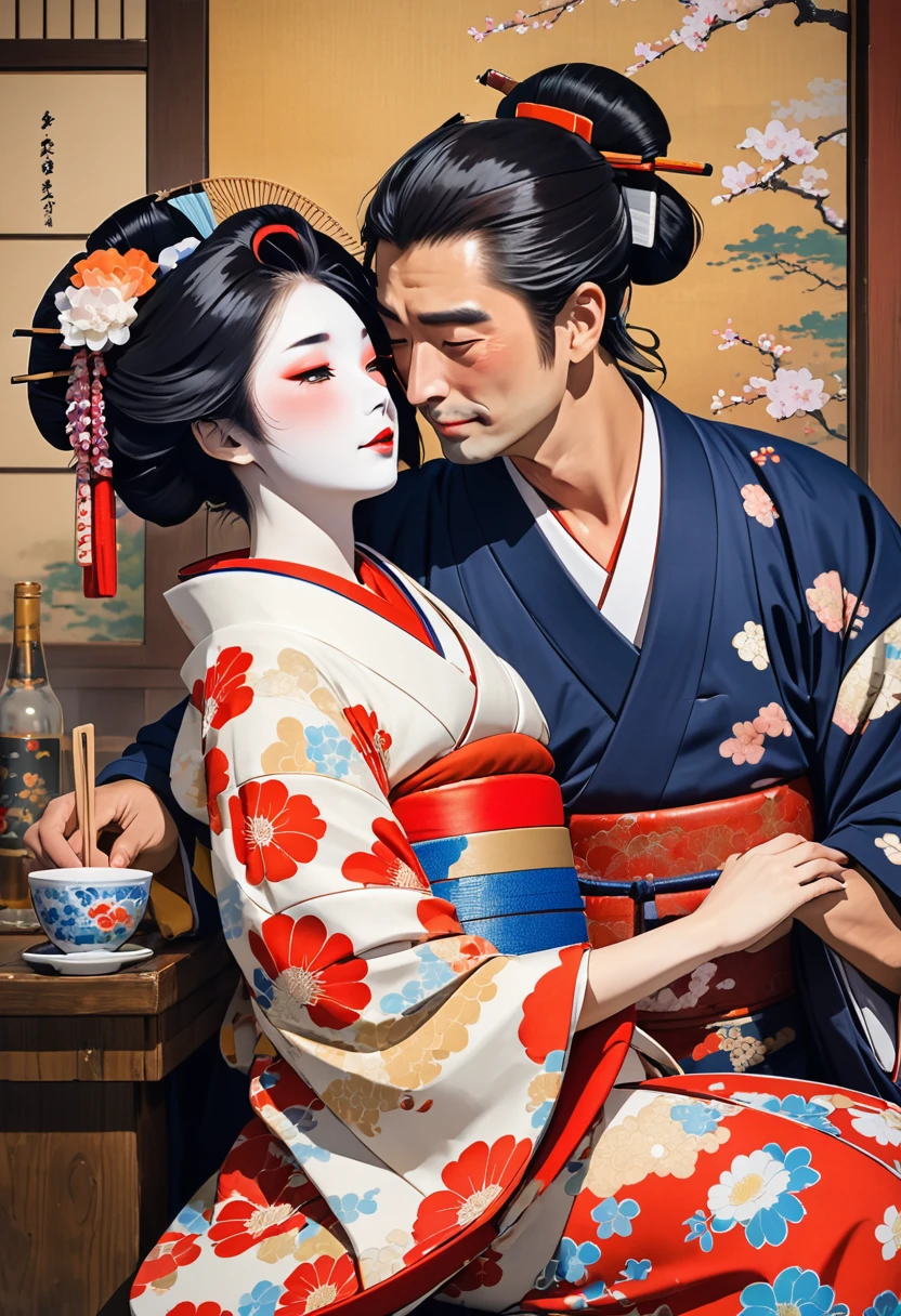 Drunk、Geisha leaning on a man。in a drunken state、Cups in hand